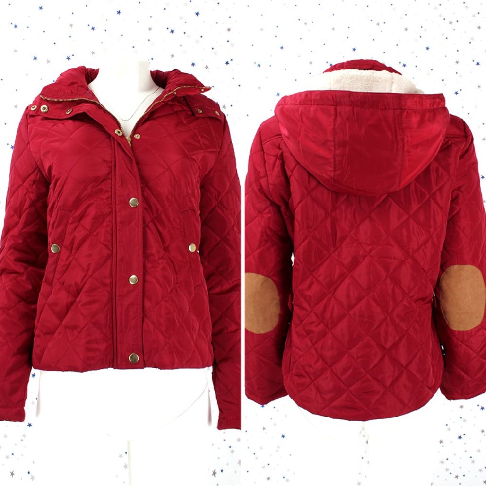 Quilted Puffer Jacket Fur Lined Hood Elbow Patch Size M Red Burgundy